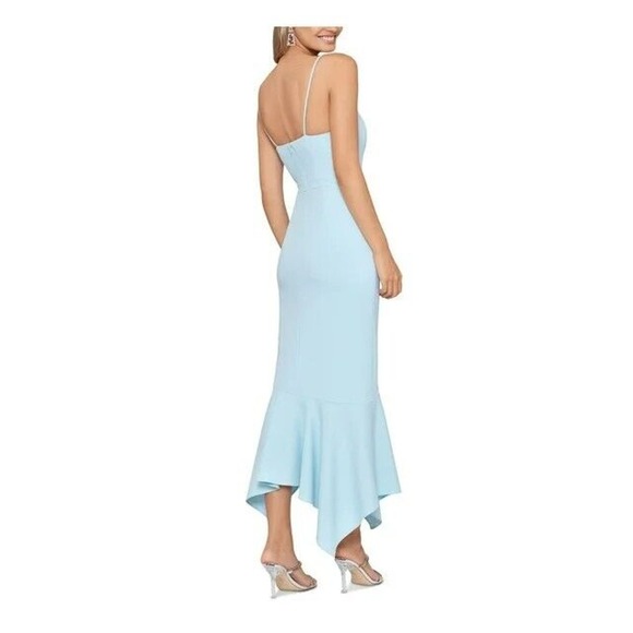 XSCAPE Spaghetti Strap Ruffled Zippered Hi-Low V Neck Dress Gown Aqua 4 NWT $239 - Picture 2 of 2